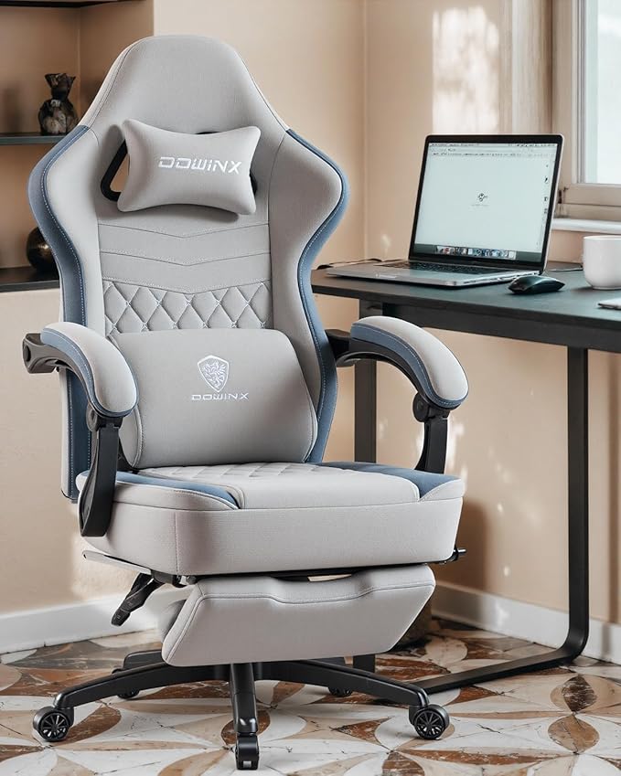 Dowinx Gaming Chair Breathable Fabric Game Chair with Gel Pad and Storage Bag Comfortable Gamer Chair with Pocket Spring Cushion Ergonomic Computer Chair with Footrest Grey and Blue