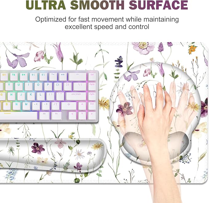 Gaming Mouse Pad Large Desk Mat Cute Desk Pad Protector 4in1 XXL Mousepad + Keyboard Wrist Rest+Mouse Wrist Rest+Coaster Set with Ergonomic Desk Pad for Home Office Computer Purple Flower Plants