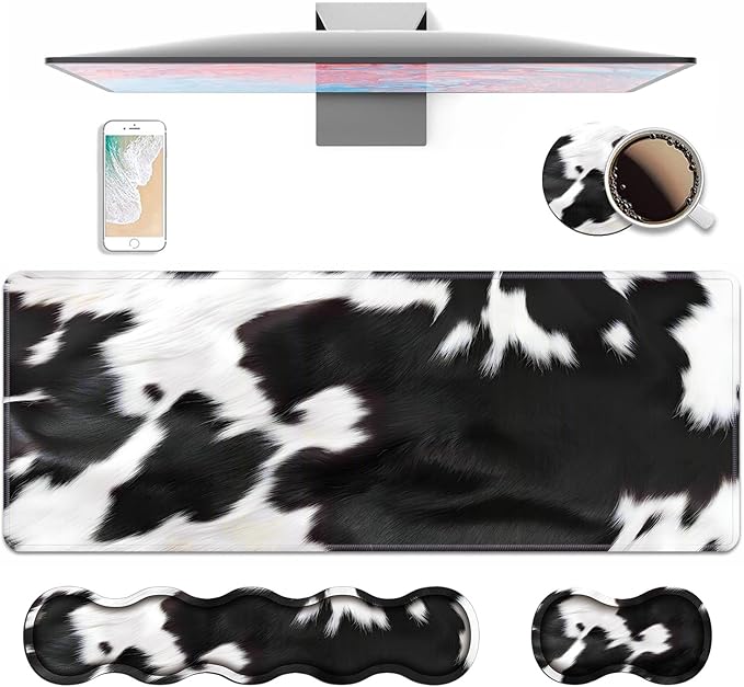 4 in 1 Ergonomic Keyboard Wrist Rest &amp Mouse Pad Wrist Rest Set Large XXL Gaming Desk Mat 31.5x 11.8 with Non-Slip Base Memory Foam for Home Office Study Gaming Black and White Cow Print