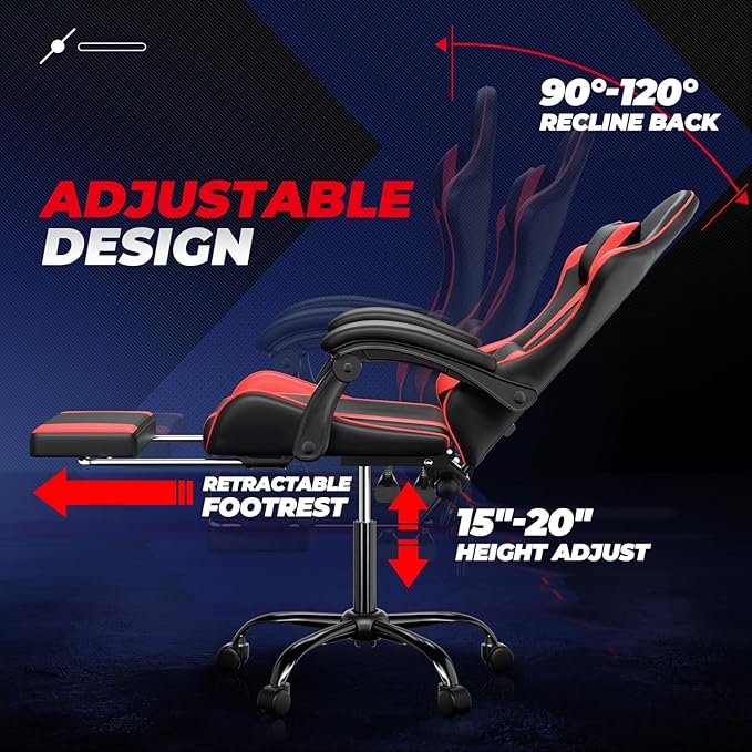 Auto Dynasty Ergonomic Gaming Chair High-Back Office Chair w/Adjustable Lumbar Support Linkage Armrest Headrest &amp Footrest 350LBS Recliner Swivel Computer Game Racing Chair Red/Black