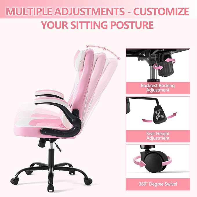 OLIXIS Computer Gaming Desk Chair - Ergonomic Video Game with Comfy Lumbar Support and headrest PU Leather with Flip-up Arms Adjustable Height and Swivel Wheels for Adults Pink