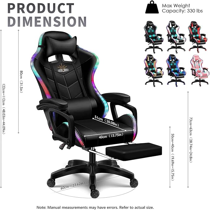 LED Gaming Chair Ergonomic Massage Racing Computer Chairs High Back Video Game Chairs with Speakers PU Leather with Footrest Headrest Lumbar Support Office Desk Chair for Adults TeensPink