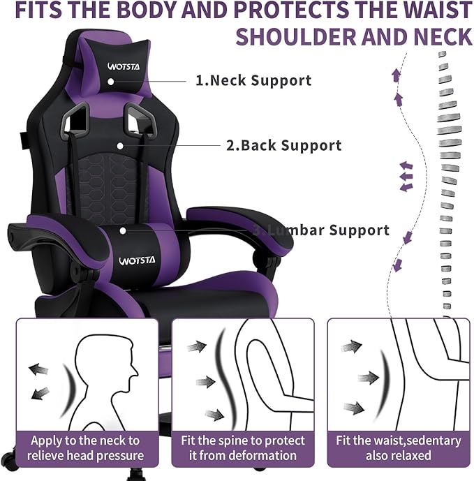 Gaming Chair with MassageErgonomic PC Gaming Chair with Footrest Comfortable Headrest and Lumbar SupportHigh Back Game Chair PVC Leather300LBS (BlackPurple)