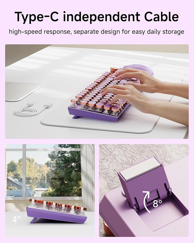 EWEADN Typewriter Style Mechanical Keyboard Wired Typewriter Keyboards104 Keys Backlit LED Metal Keyboards Media Control Knob Wired Computer Keyboard Pink Switch for Windows/Mac/PC-Purple