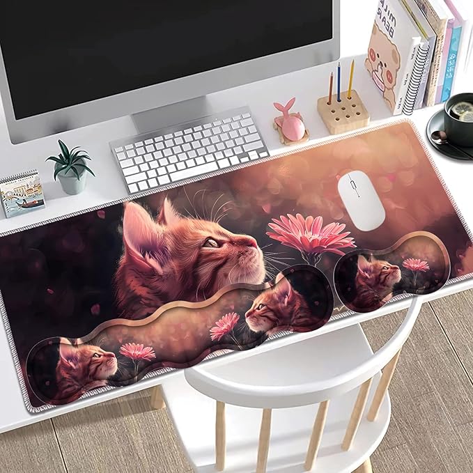 Large Gaming Mouse Pad + Keyboard Wrist Rest + Wrist Support + Coaster Set Memory Foam Ergonomic for Easy Typing XXL Extended Gaming Mouse Pad Table Pad - Kitten Daisy