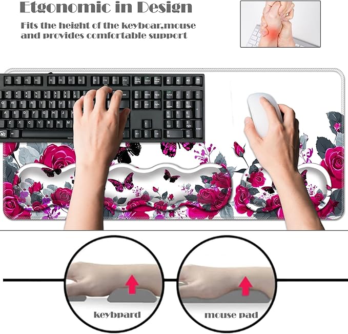 Ergonomic Keyboard Wrist Rest &amp Mouse Pad Wrist Rest SetXL Gaming Desk Mat 31.5x 11.8Non-Slip BaseMemory FoamEasy Typing Pain Relief for Office &amp HomeRoses and Black Butterflies