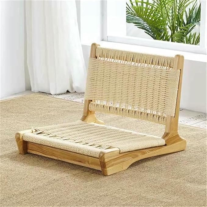 ELEFOCUS Tatami Floor Chair with Rattan Backrest Comfortable Legless for Living Room Bedroom Natural Straw