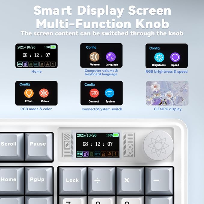 LINGBAO K108 Pro Wireless Mechanical Keyboard with Screen &amp Knob Full Size Creamy Keyboard with Number Pad 10000mAh Battery PBT Keycaps RGB Backlit Hot-swappable Gaming Keyboards