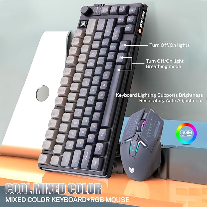 75 ％ Wireless Gaming Keyboard and Mouse Combo Tri-Mode BT5.0/2.4GHz/USB-C RGB Backlit Keyboard + 3D 1600DPI Mice 2000mAh Battery 80 Keys Knob Volume Control (Gradient Gray)