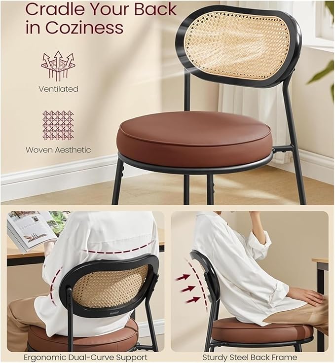 Adjustable Office Computer Chair with Armrest 1pcs Sleather Upholstered Rattan Backrest Decorative Dining Chair for Kitchen(Coffee Brown)