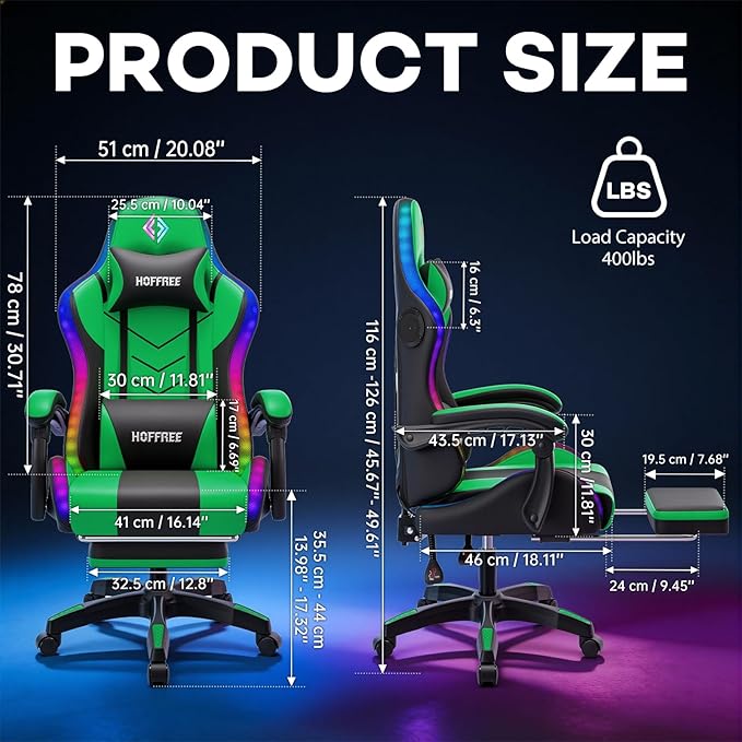 HOFFREE RGB Gaming Chair with Rhythm LED Lights and Speakers Massage Computer Chair with Footrest Music Video Game Chair High Back with Lumbar Support Green