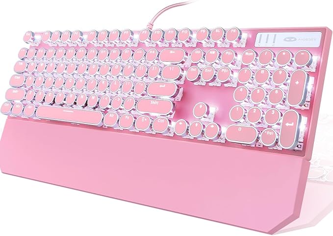 Camiysn Typewriter Style Mechanical Gaming Keyboard Pink Retro Punk Gaming Keyboard with White Backlit 104 Keys Blue Switch Wired Cute Keyboards Round Keycaps for Windows/Mac/PC