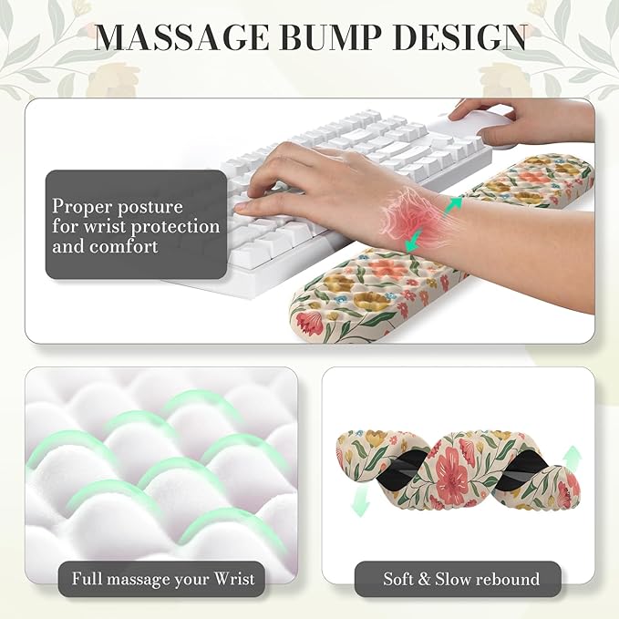 Computer Mat and Mouse Pad SetFloral Aesthetic Wrist Rest for Keyboard and Mouse with Coaster Non-Slip Desk Protector Work from Home(Green and Pink)