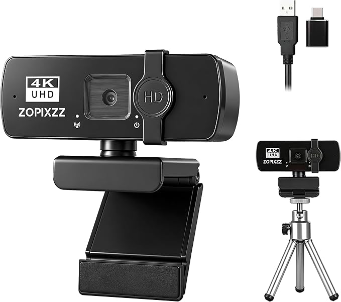 4K Webcam with Tripod PC Ultra HD Web Camera with Microphone PDAF AutofocusPrivacy CoverUSB A &amp USB C Adapter Plug &amp PlayIdeal for Business Meetings&ampLive Streaming