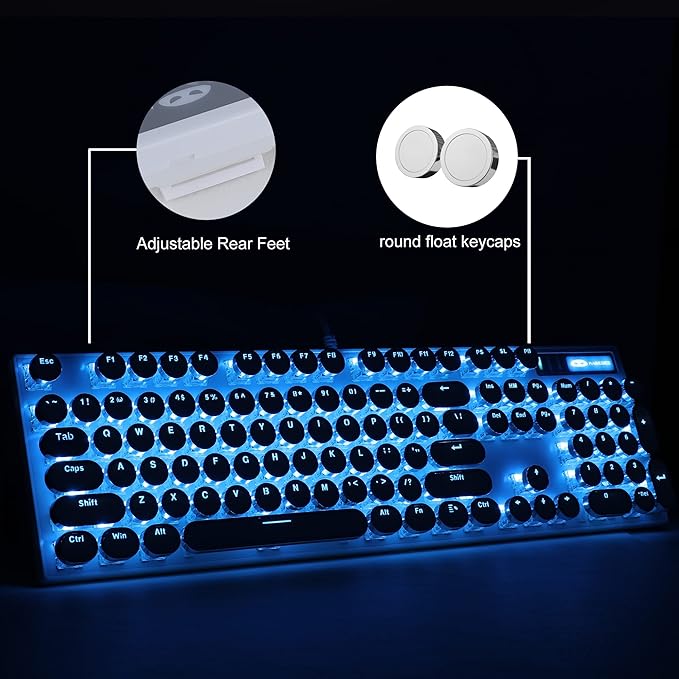 Camiysn Typewriter Style Mechanical Gaming Keyboard White Retro Punk Gaming Keyboard with Blue Backlit 104 Keys Blue Switch Wired Cute Keyboards Round Keycaps for Windows/Mac/PC
