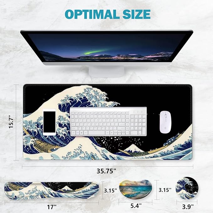 ToLuLu Extended Gaming Mouse Pad Memory Foam Ergonomic Keyboard Mouse Wrist Rest Support Set Large Desk Mat with Stitched Edges Non-Slip Base Mousepad for Home Office Game Study Wave of Kanagawa