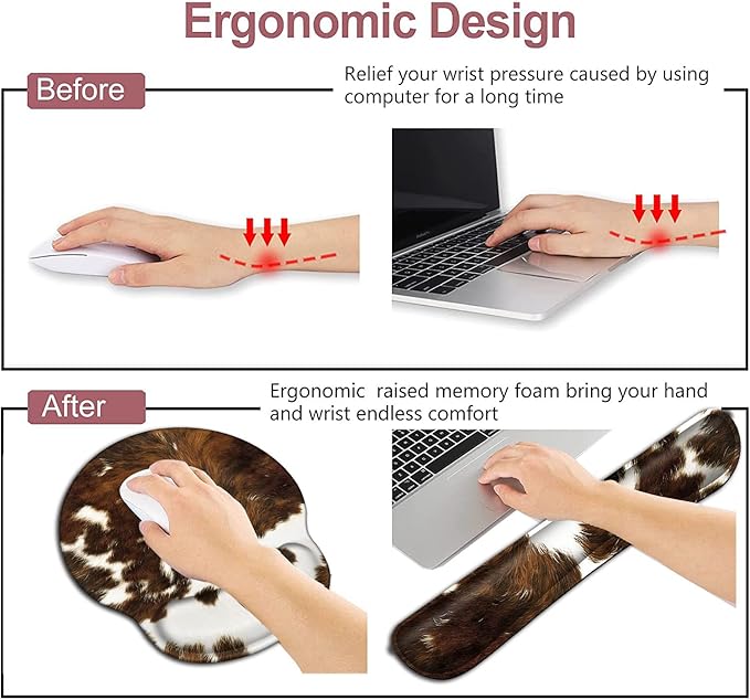 Keyboard Wrist Rest and Mouse Pad with Wrist Support Ergonomic Desk Pad Memory Foam Keyboard Wrist Rest Cute Cow Cowhide Desktop DecorationSuitable for Office Typing Games for Men and Women