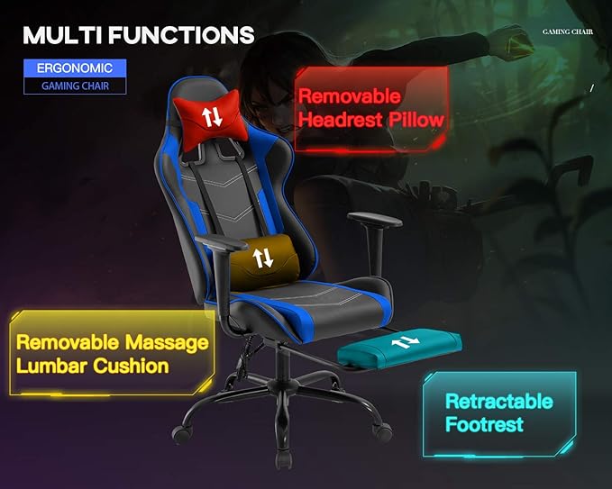 Gaming Chair Office Chair Desk Chair Massage PU Leather Recliner Racing Chair with Headrest Armrest Footrest Rolling Swivel Task PC Ergonomic Computer Chair for Back Support Blue