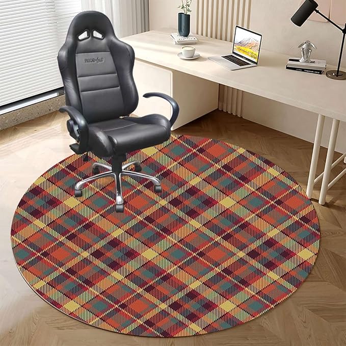 Multicolor PU Leather Desk Chair Mat for Hard Floors Geometrical Crossed Stripes Plaid Computer Gaming Rolling Chair Mat Under Desk Low-Pile Rug Checkered Diameter 47.2 in