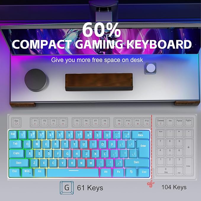 Snpurdiri 60% Wired Gaming Keyboard Small Ultra-Compact 61 Keys RGB Backlit 60 Percent Gaming Keyboard for PC/Mac Gamer Typist Travel Easy to Carry on Business Trip (Blue)