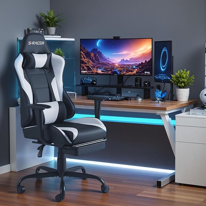 Homall Gaming Chairs Computer Chair with Footrest and Massage Lumbar Support Height Adjustable Game Chair with Headrest and Swivel Seat (White)