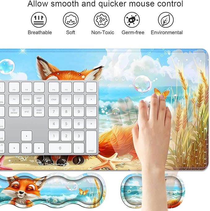 4 in 1 Ergonomic Keyboard Wrist Rest &amp Mouse Pad Wrist Rest Set Large XXL Gaming Desk Mat 31.5x 11.8 with Non-Slip Base Memory Foam for Home Office Study Gaming Fox