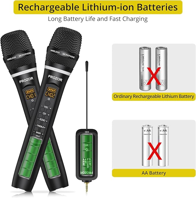 PROZOR UHF Wireless Microphone with Volume Treble Bass Echo Control Wireless Rechargeable Mic Dual Handheld Dynamic Mic System with Rechargeable Receiver for Karaoke Machines DJ Church Weddings