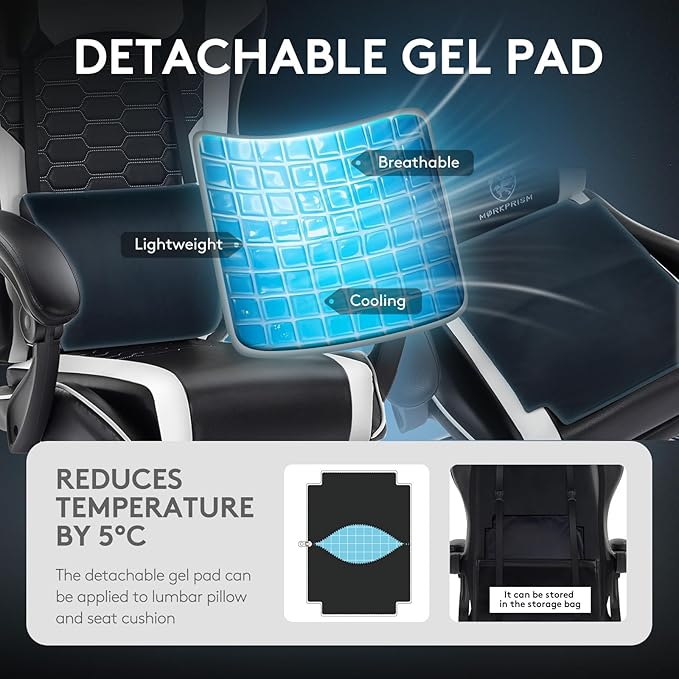 Gaming ChairComputer Office Chair with FootrestMassage Lumbar Support and Gel PadErgonomic Reclining Adjustable Leather Gamer Chair with Headrest and Spring Cushion Black White
