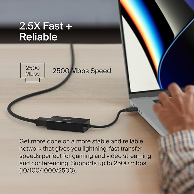 Belkin USB Type C to 2.5 Gb Ethernet Adapter USB-IF Certified Thunderbolt 3 &amp 4 / USB-C to LAN Network Adapter Compatible with MacBook Pro/Air iPad Pro XPS Surface and Other USB C Devices