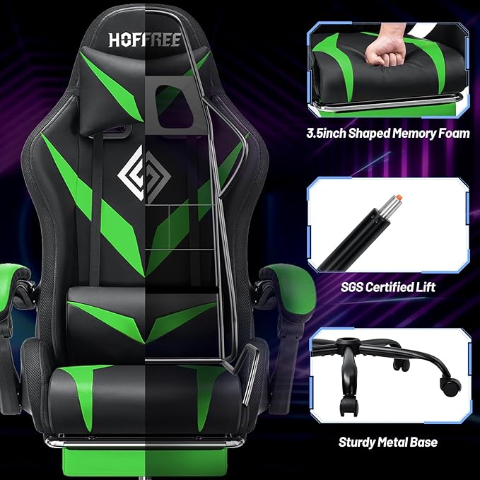 HOFFREE Gaming Chair with LED RGB Lights Massage Ergonomic Video Game Chairs with Footrest High Back Reclining Computer Chair with Adjustable Lumbar Support Green and Black