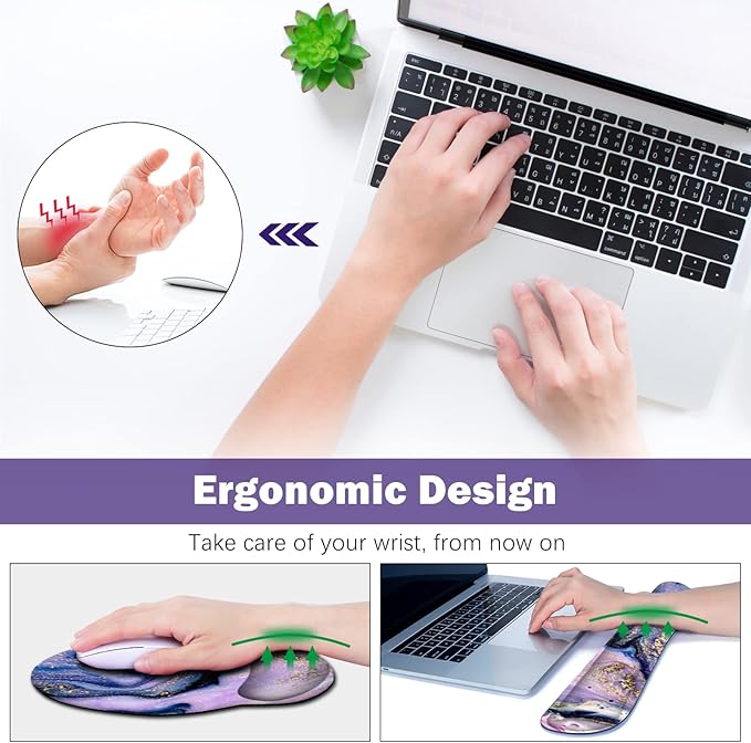 ARTSO Large Mouse Pad Ergonomic Keyboard Wrist Rest Support Combo Memory Foam Gel Wrist Pad Extended Desk Mat Protector Non-Slip Desk Blotter Purple Marble
