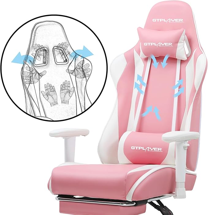 GTPLAYER Gaming Chair with Footrest Ergonomic Computer Game Desk Chair Reclining Gamer Chair Seat Height Adjustment Swivel Rocker with Headrest and Lumbar (Pink)
