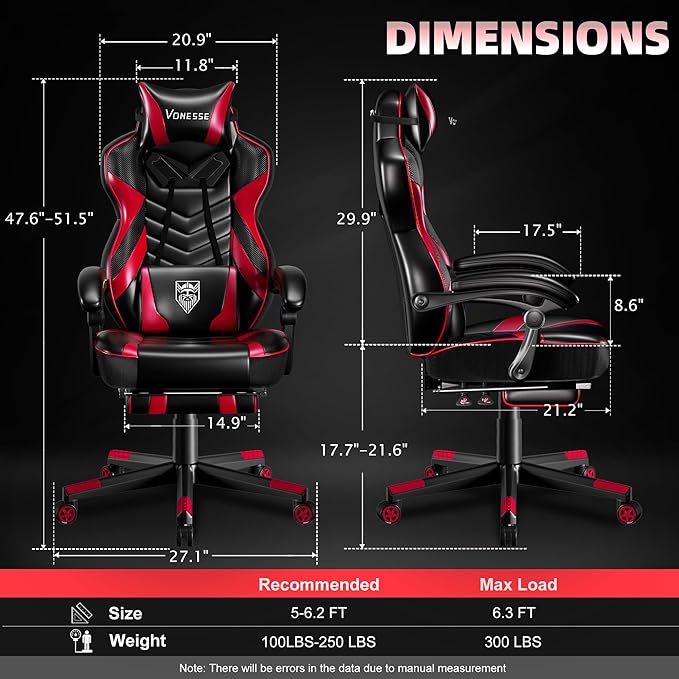 Vonesse Gaming Chair Big and Tall Gaming Chair with Footrest and Massage Gaming Chairs for Adults with Lumbar Support Ergonomic High Back Computer Chair with Pocket Spring Cushion (Red/Black)