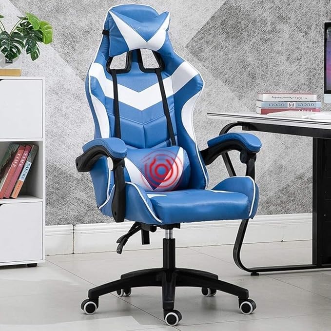 Ergonomic E-Sports Gaming Chair with Massage Lumbar Support Adjustable Height Retractable Footrest USB Massage Pillow(Blue White)