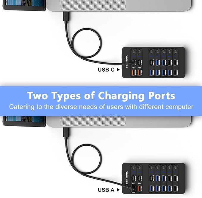 Powered USB Hub14 Ports USB Data Hub Splitter with 6 USB 3.0 Port4 Charging Port1 USB-C 3.0 Data Port1 PD 60W Charging Port w LED Individual On/Off Switches for MacBookMac ProLaptop/PC