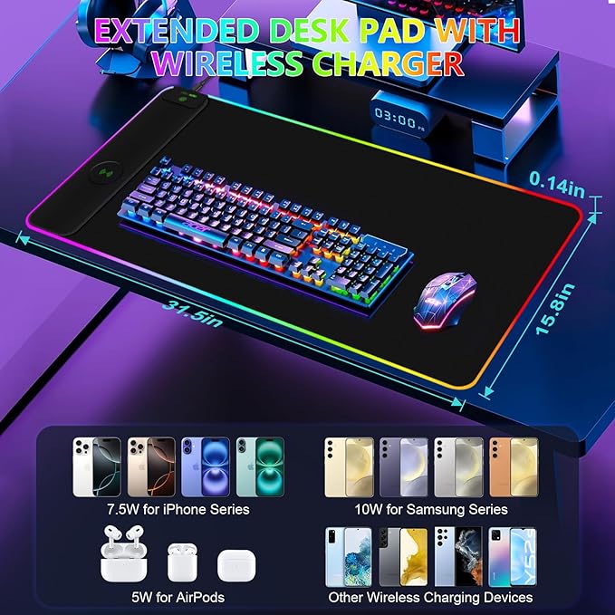 Magnetic Wireless Charging RGB Mouse Pad 31.5'' x 15.8'' Large LED Gaming Desk Mat 24 Light Effects Non-Slip Rubber Base Waterproof Ultra-Smooth Surface