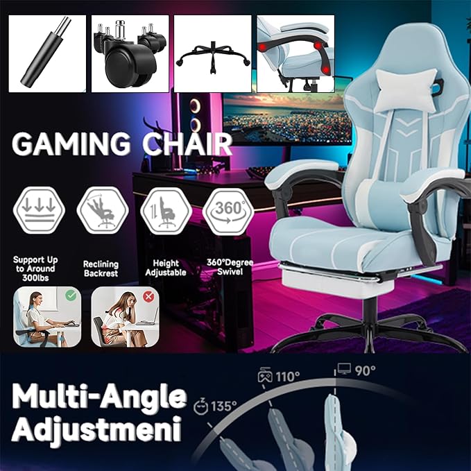 Ergonomic Gaming Chair with Massager Big and Tall Computer Chair with Reclining Footrest Swivel Game Chairs for Adults Home Office (Leather (Blue&ampWhite)