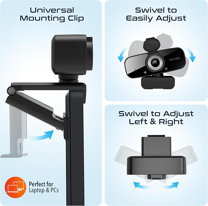 Delton C24 USB Webcam with Microphone HD 1080p Wired Webcam 2 Megapixels Wide Field of View Auto Focus Noise Canceling Mic USB Computer Camera Compatible with Computer/Laptop/iMac - Black
