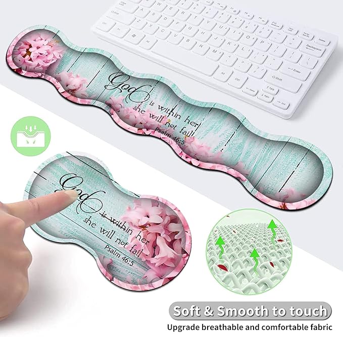 Mouse Pad Set Large Gaming Mouse Pad + Keyboard Wrist Rest Support + Mouse Wrist Cushion + Coaster Non-Slip Rubber Base 31.5 x 11.8 in Extended Desk Mat for Office Psalm 46-5 Pink Hyacinth