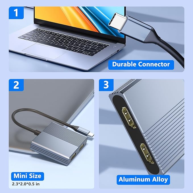 Dual HDMI Adapter for 2 Monitors Double 4K@60Hz HDMI Splitter for dual monitors Dual Monitor Adapter hdmi Splitter Extended Display USB C Laptop Docking Station Dual monitor for Dell/Mac/HP/Lenovo