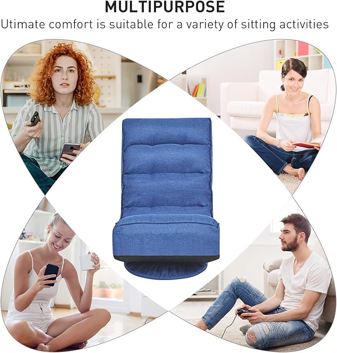 ERGOMASTER Reclining Folding Floor Gaming Chair for Home Office and Lounging Reading w/ 360-Degree Swivel 5 Adjustable Positions Tufted Cushions （Blue）
