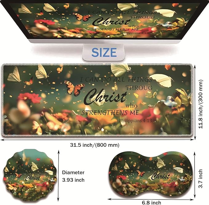 Extended Non-Slip Mouse Pad + Mouse Wrist Rest + Lace-Shaped Coaster Set Ergonomic Design Suitable for Desk and Home Gaming Table Mat Butterflies and Philippians 4-13