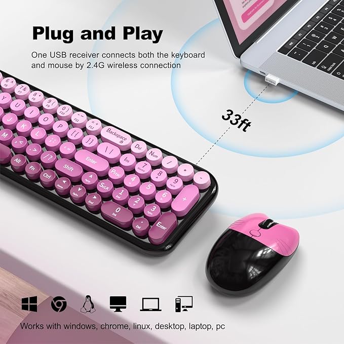 Wireless Keyboard and Mouse Combo MOWUX Compact Typewriter Retro Round Computer Keyboard Cute Optical Mouse Wireless Plug and Play for Laptop PC Computer- Black Pink Gradient