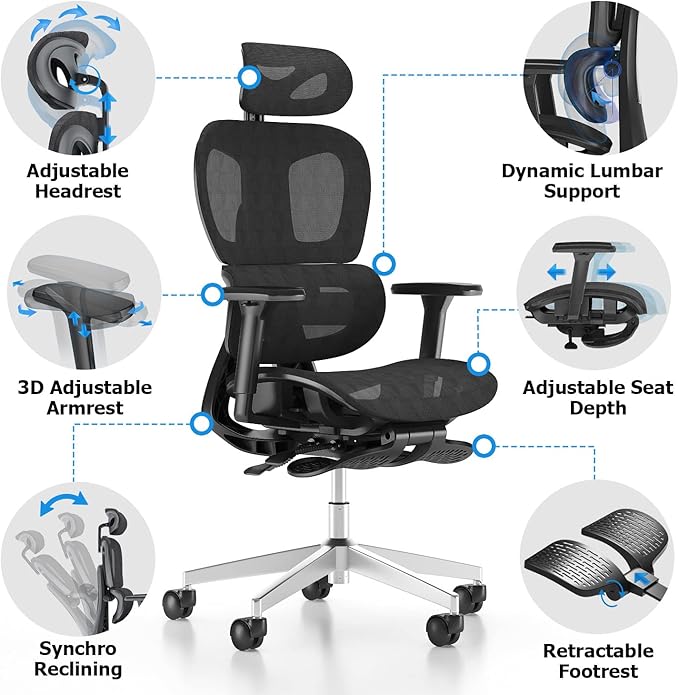 PatioMage Ergonomic Office Chair Big and Tall Desk Chair with Adjustable Lumbar Support &amp Seat Depth High Back Computer Chair Swivel Mesh Chairs with Wheels for Home Office Black