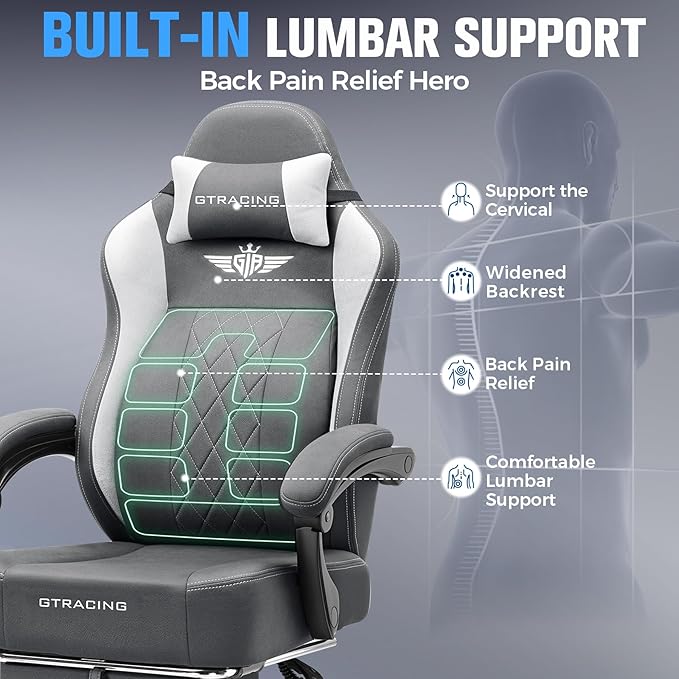 GTPLAYER Big and Tall Gaming Chair Breathable Fabric Computer Chair with Strong Lumbar Support Comfortable Office Chairs with Pocket Spring Cushion High Back Ergonomic Desk Chairs with Footrest