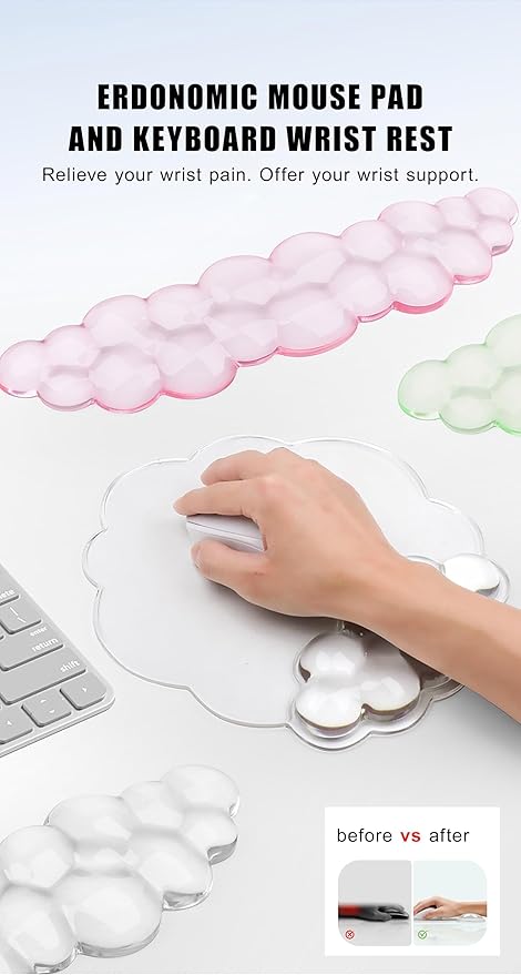 Mouse Pad with Wrist Rest Soft Cloud Gel Keyboard Mouse Pad Set with Hand Wrist Support Cute Non Slip Office Desk Accessories for Comfort/Pain Relief/Computer/Laptop (2Pc Clear Cloud)