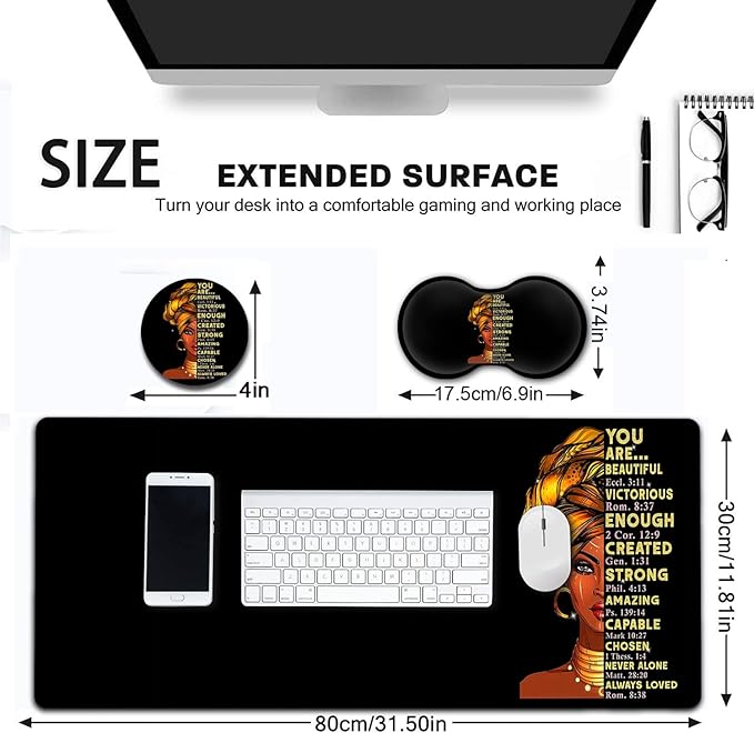 Large Mouse Pad Extended Office Desk Pad 31.5x11.8inErgonomic Memory Foam Mouse Wrist Rest Support for Home Office Computer Writing PadAfrican American Black Queen Women XXL Black Gaming Mouse Mat