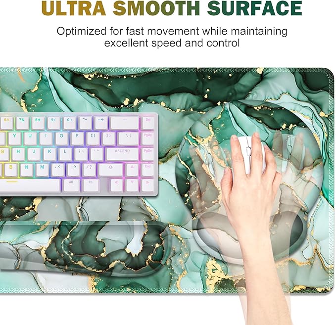 Gaming Mouse Pad Large Desk Mat Cute Desk Pad Protector 4in1 XXL Mousepad + Keyboard Wrist Rest+Mouse Wrist Rest+Coaster Set with Ergonomic Desk Pad for Home Office PC Computer Green Marble