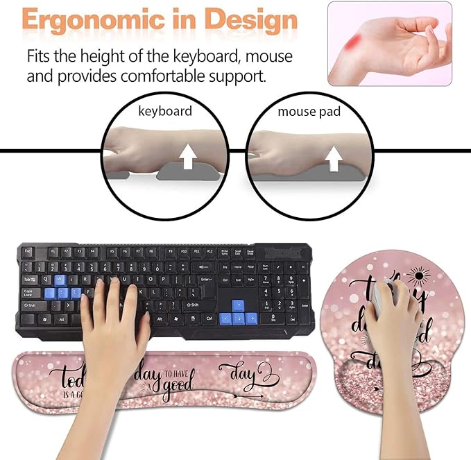 Keyboard Wrist Rest + Mouse Pad Wrist Support Set with Coasters Today is a Good Day to Have a Good Day Inspirational Quote with Non-Slip PU Base Ergonomic Mousepad for Home Office Working Studying