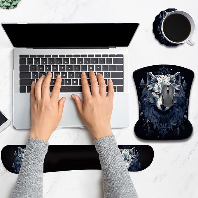 Keyboard Wrist Rest and Mouse Pad Wrist Support with Lace-Shaped Coaster Set Ergonomic Gel Memory Foam and Anti-Slip Base Easy Typing and Pain Relief - Night Moon Wolf